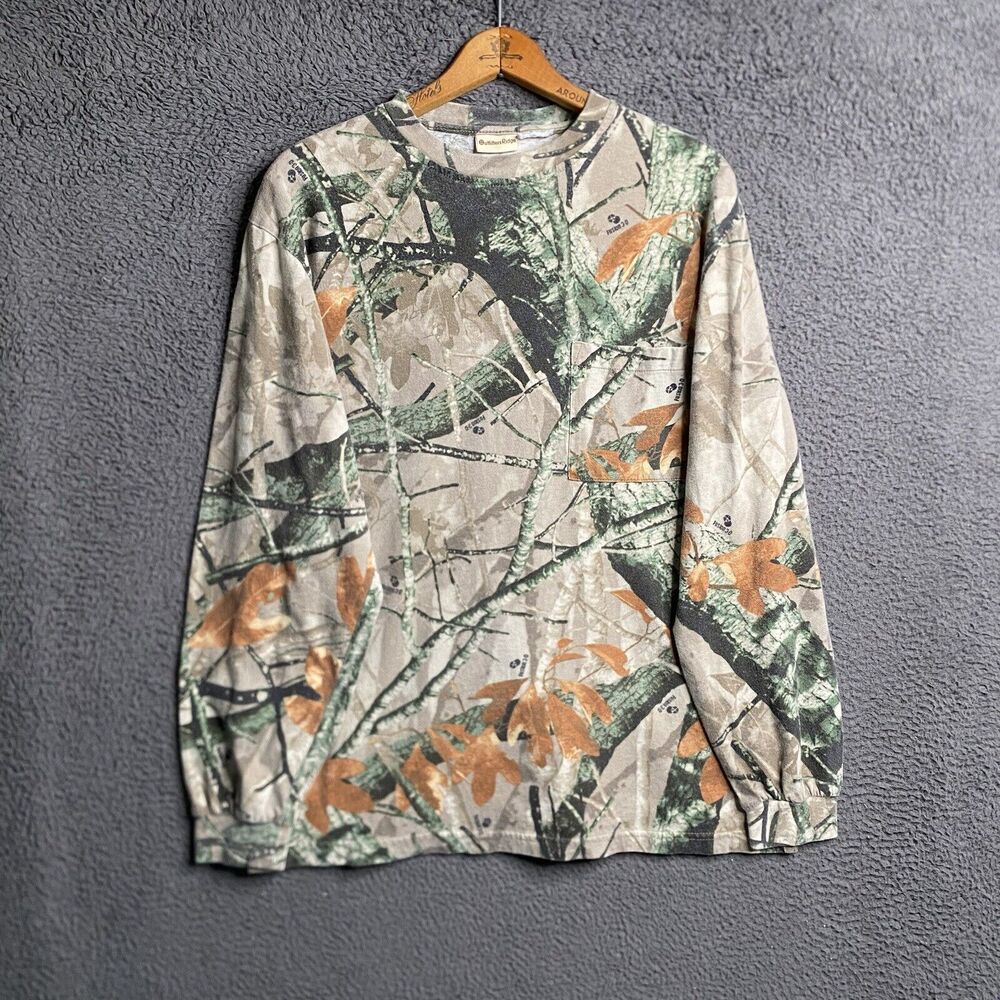 Vintage Y2K Men's Tree Camouflage Long Sleeve T-Shirt Camo Core Pocket Tee XL